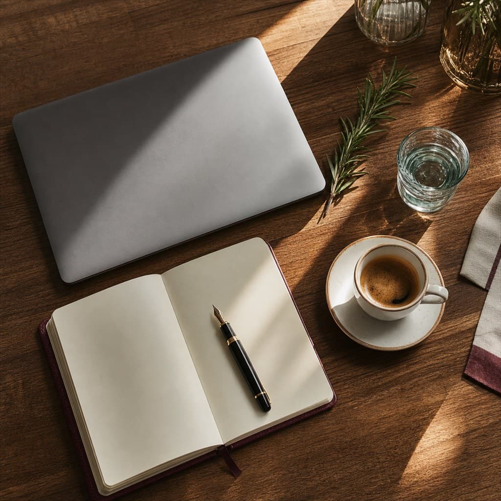 Coffee and notebook flat lay
