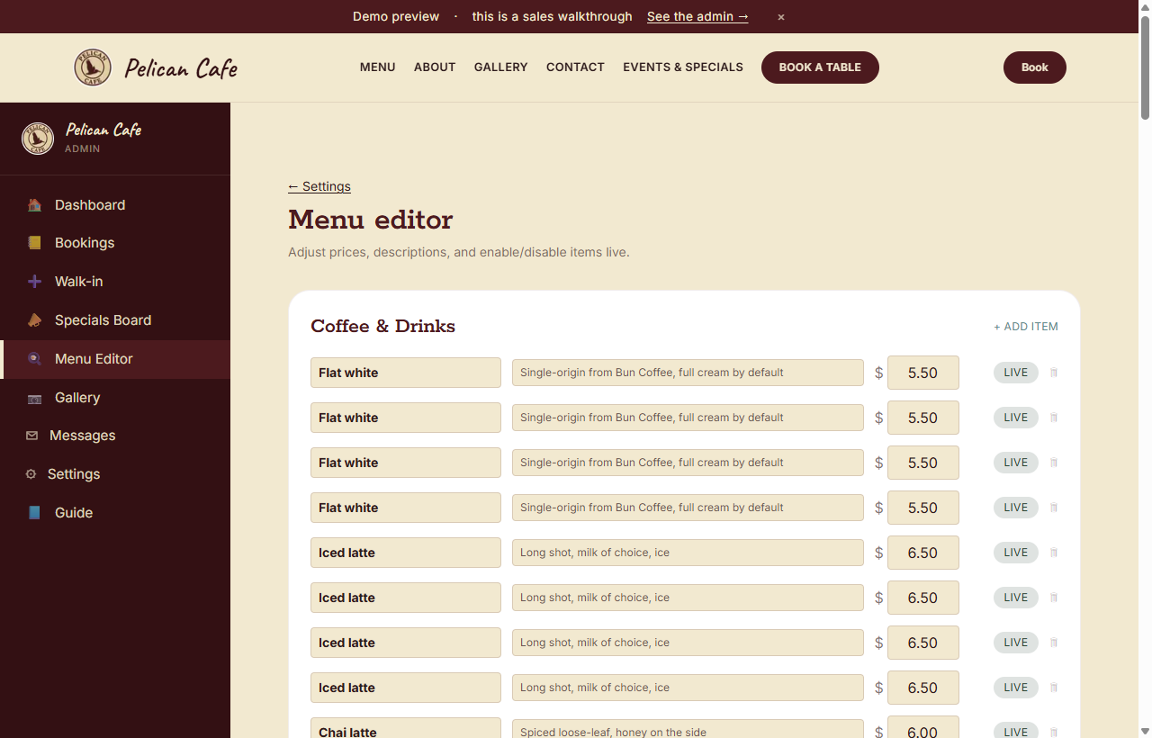 Edit menu prices